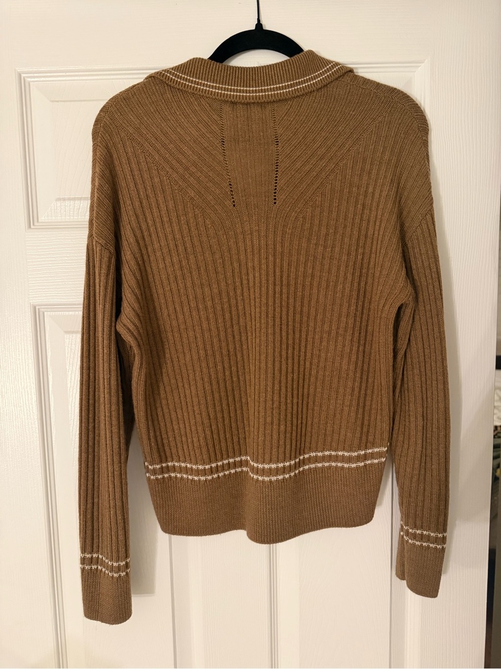 rag & bone Camel Ribbed V-Neck Sweater with White Contrast Stitch - Picture 5 of 5